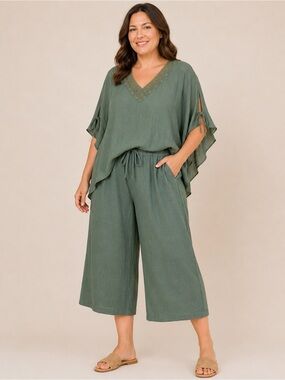 JM Collection 2-Piece Sage Green Linen-Look Set – Size XL
